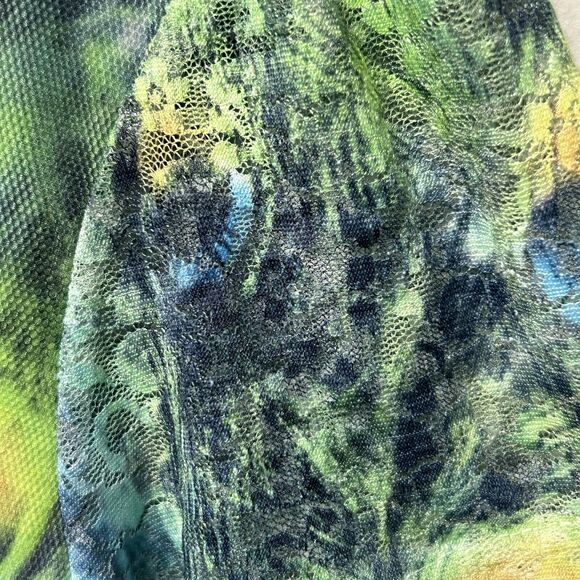 Indigo Soul Top Women's Medium Green Blue Short Sleeve Peacock Mesh Boho Shirt - Picture 10 of 15